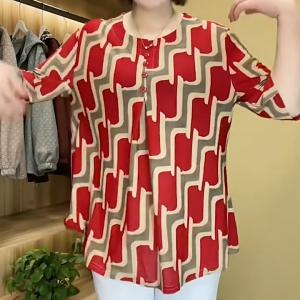 Large Size Middle-aged and Elderly Cool Printed Loose Three-quarter Sleeve Tops for Women Crewneck Blouse High elasticity Casual and Loose T-Shirt 2113