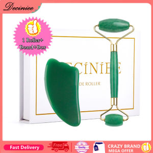 DECINIEE 100% Natural Aventurine Rose Quartz Jade Roller Horn Gua sha Scraping Board Slimming Face Lifting Facial Massager Facial Jade Stone Skin Beauty Care Set