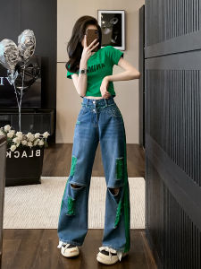 Fashionable Casual Womens Summer Outfit T-Shirt And Distressed Jeans Set Slimming Versatile Cotton Blend Trendy Ensemble