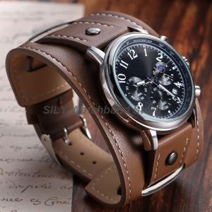 Leather Watchband with Mat Bund Base Tray 20mm 22mm 24mm Vintage Cowhide Leather Bracelets Black Brown Strap Men Women Wristband