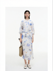 Lyocell Blend Printed Tie-waist Shirt Dress