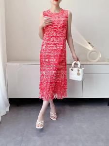 L-1102# One Size (45-75kg) Summer Tassel Sleeveless  WomenS Round Neck Light Luxury Printed Midi Dress Pleated