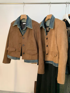 AMILUCK | Womens Suede Short Jacket Autumn 2025 New Barn Style Denim Patchwork Fake Two-Piece Layered Top Button Detail Loose Fit Long Sleeve