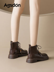 Agsdon Womens Thick Bottom Martin Boots Autumn New England Style Short Boots Brown Design Sense Boots round Toe Synthetic Leather