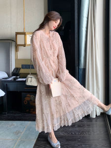 Pink Gentle Style Sequin Dress Set Womens 2025 Autumn New Inner Strap Dress Two-Piece Set High Waist V-Neck Long Sleeve A-Line Skirt