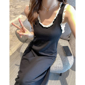 miiow | Cat Lady Korean Style A-Line Strap Knitted Dress Women Spring Summer Small Size Vest Dress Long Skirt U-Neck Stripe Pattern