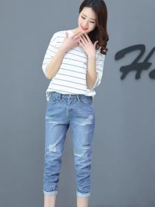 High Waist Hole Denim Pants: New 2025 Women's Autumn Loose Thin Harlan Cuffed Ankle Length Blue Jeans Trousers