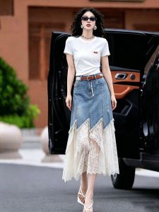 LIANGYILAILIN | Slim & Age-reducing Two-piece Set Lace Patchwork Denim Skirt T-Shirt