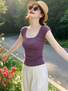 PEIXI | Elegant Purple U-Neck Short Sleeve Slim Fit T-Shirt