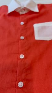 BabyThame เสื้อเชิร์ตผ้าลินินผสมค็อตตอนสีส้มปกและกระเป๋าขาว เสื้อเด็กทรงสวย เสื้อเชิร์ตเด็ก ระบายอากาศ ชุดหน้าร้อน อากาศเมืองไทย