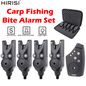 Hirisi S6 Carp Fishing Bite Alarm Set Waterproof 4-Color LED Indicator Adjustable Volume/Tone/Sensitivity with Storage Case