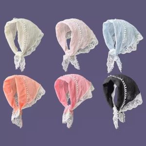 Floral Print Hair Scarf Bandana Green Hair Band Lace Triangle Scarf Kerchief Women Girl French Headscarf 2024