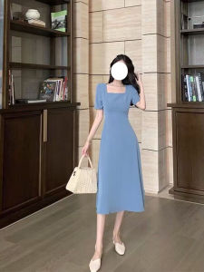 Lightly Mature Chic Special-Interest Design Age-Reducing French Retro Blue Long Square Collar Dress Children Summer New Arrival