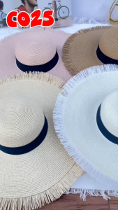 m&y shop หมวกสานแฟชั่น ปีกกว้างขอบรุ่ย แต่งคาดดำ สินค้าพร้อมส่งจากไทย C025