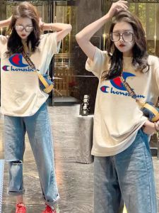 Champion Rainbow Summer 2025 Womens Loose Cotton Short Sleeve T-Shirt Fashionable Inner Wear Half Sleeve Printed round Neck Top