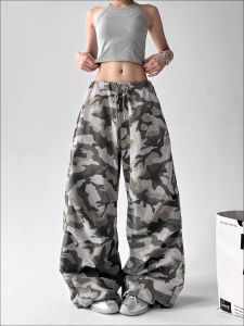 [Quick-drying fabric retro camouflage pants]กางเกงขากว้างลายพรางเชือกผูกสไตล์ย้อนยุคอเมริกันสำหรับผู้หญิงในช่วงฤดูร้อน