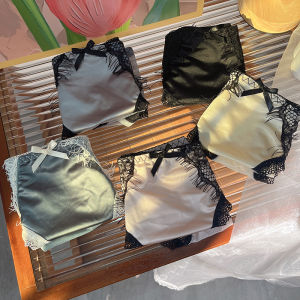 French Style Low Waist Lace Satin Patchwork Butterfly Knot Comfortable Skin-friendly Girls Underwear Breathable Nylon Briefs