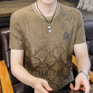 Áo Thun Nam Tay Ngắn Mùa Hè Họa Tiết Hoa Mờ Cổ Tròn Màu Kaki Bằng Lụa Băng Áo Thun Tay Lửng Cao Cấp Có Đính Đá
