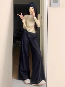 Deep Blue American Style Vintage High Waist Wide Leg Jeans Womens Extra Long Size 175 Floor Length Loose Fit Trousers