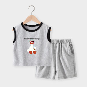 Cartoon Kids Summer Outfit Thin Sleeveless Vest Set for Boys And Girls Cute Loose Style Cotton Sportswear Two-Piece Ensemble