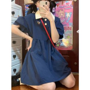 Japanese Sweet College Style Dress Womens Summer New Polo Collar Embroidered Bear