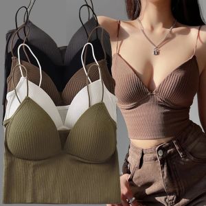 Seamless Crop Top Women Underwear Wire-Free V-Shaped Camisole Thin Straps Striped Solid Bralette Lingerie One-Piece Tube Tops