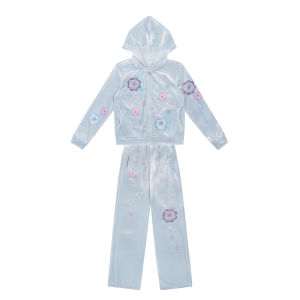 LynnMilo Kids Hoodie Set Girls Sporty Two-Piece Outfit with Rhinestone Flower Design Casual Polyester Blend for Spring Autumn