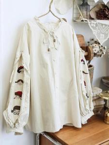 Áo Sơ Mi Dài Tay Rộng Rãi Cho Nữ Mùa Xuân Thu Phong Cách Sinh Viên Họa Tiết Hoa Không Tay Áo Cổ Tròn Khóa Cài