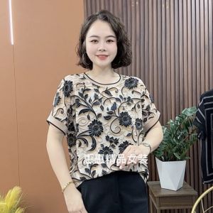 round Neck Short Sleeve T-Shirt Womens Summer New Style Printed Slimming Mommy Clothes Floral Pattern Loose Fit Polo Shirt
