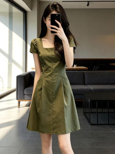 Ge·an·fei | Vintage French Square Neck Green A-Line Waist-defining Mini Dress