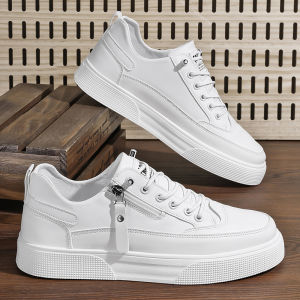 Mens Side Zipper Leather Sneakers | Casual Low-Top Skate Shoes | Comfortable Walking Trainers
