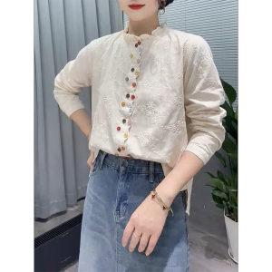 QINGNAER | Retro Embroidered Floral Ears Womens Shirt Large Size