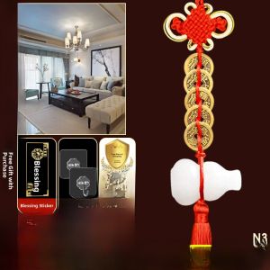 Chinese Ancient Copper Coin White Jade Gourd Hanging Ornament for Home Bedroom Bathroom Door Good Luck Decorative Item