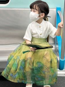 Elegant Short-Sleeved Hanfu Ancient Costume for Girls Light Weight Green Color Childrens Summer Clothing Boys Can Also Wear