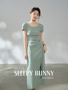 Mint Green Slim Fitting Tie-Waist French Side Slit Short Sleeve Round Neck Mini Dress