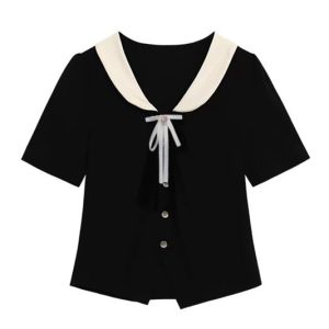 Womens Bow Collar Ice Silk Knit Top | Short Sleeve Slim-Fit Belly-Covering Blouse