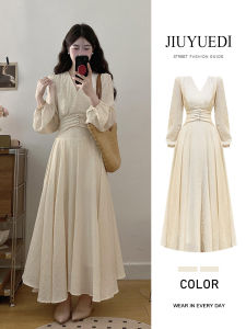 Elegant French Style Long Sleeve V-Neck Dress Womens Early Autumn Slimming High Waist Long Dress JIUYUEDI September End
