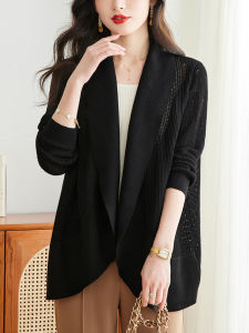 plus Size Ice Silk Knitted Cardigan Womens Thin Medium Length Hollow out Shoulder Wrap Outerwear Spring Autumn Air Conditioning