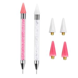 2PCS Dual-Ended Nail Art Rhinestone Picker Wax Pencil Set with 4 Replaceable Wax Tips Nail Dotting Pen Manicure Tool