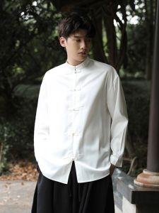 New Chinese Style Mens White Shirt Stand Collar Button Decorated Loose Fit Casual Shirt Youth Popular Four Seasons Wear