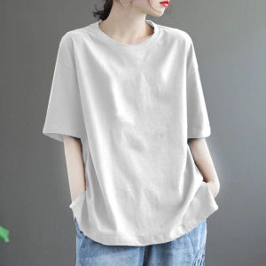 Italian Export Brand Cut Label Plus Size Summer Short Sleeve round Neck Younger Fashion Artsy Loose Pure Cotton Womens Top