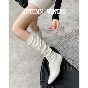 Genuine Leather White Pointed Toe Long Boots Female 2024 New Arrival Spring & Fall Pile Style Knight Boots below the Knee Knee High Chunky Heel Long Boots