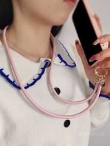 Luxury Leather Phone Strap with Diamond Butterfly Knot Circle Hook High End Womens Style Water Diamond round Circle Phone Case Anti Lost Long Chain New Model