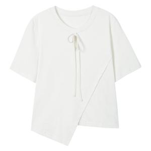 Summer Short Sleeve T-Shirt Womens Slim Fit Belted Top Peach Color Design Casual Style Pure Color round Neck Regular Length