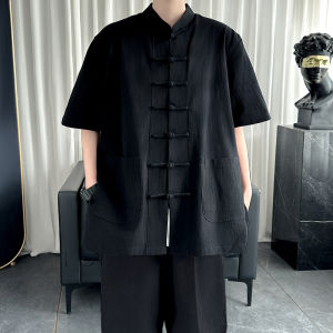 New Chinese Cotton and Linen Chinese Knot Button Shirt Mens Short Sleeve Chinese Style Summer Teenager Sense 3/4 Sleeve Han Dynasty Shirt Coat