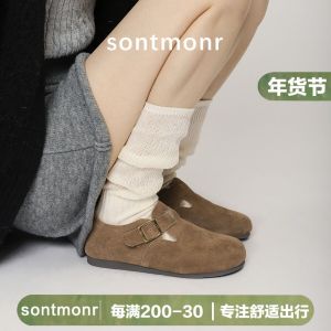 Womens Genuine Leather Slip-On Flat Bottomed Fleece Lined Birkfoot Shoes Soft Bottom Single Shoes Casual round Toe