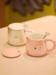 Cốc Cà Phê Bằng Gốm Sứ Diamond Pearl Có Nắp Và Thìa Cốc Cốc Có Van Châm Bi Cốc Đựng Nước Cho Phụ Nữ Cốc Đựng Cà Phê Quà Tặng Ngày Lễ