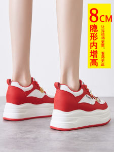 รองเท้าแต่งงานสีแดงสำหรับผู้หญิง ทรงหัวมน รองเท้าแตะพื้นหนา ส้นสูงแบบพิเศษ รองเท้าลำลองสำหรับฤดูใบไม้ร่วง 2025 รองเท้าแตะแบบสวมสบาย