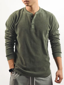 ORGN | Vintage Style French Henry Collar Long Sleeve Thick Waffle Henley Shirt