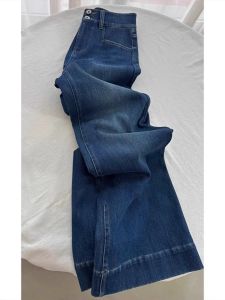 Quần Jeans Ống Loe Cạp Cao Màu Xanh Đậm Cho Nữ Quần Ống Loe Ôm Dáng Thời Trang Xuân Thu Quần Jeans Denim Co Giãn